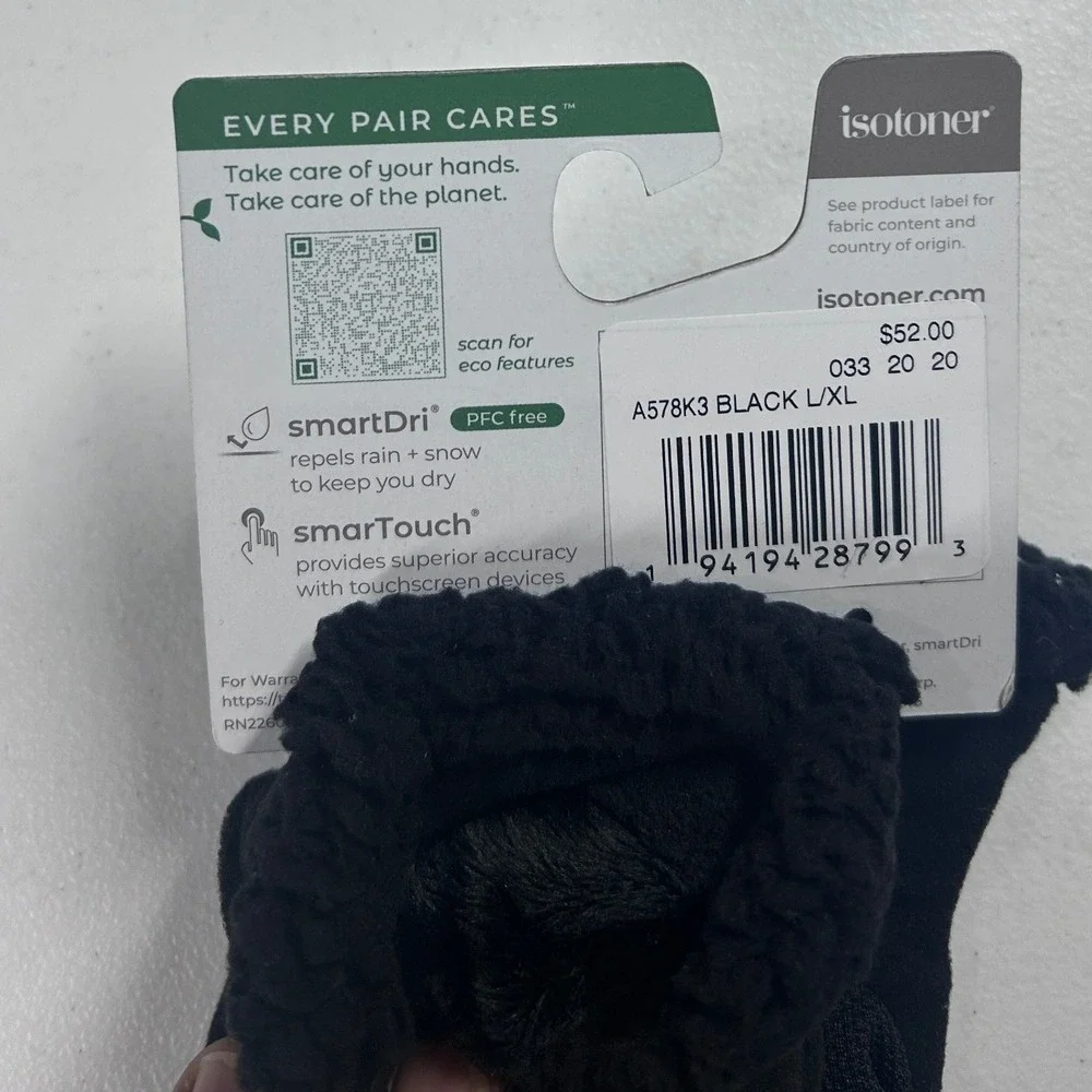 Isotoner Womens Black SmartDRI Gloves‎ Large-XL  EcoComfort NEW